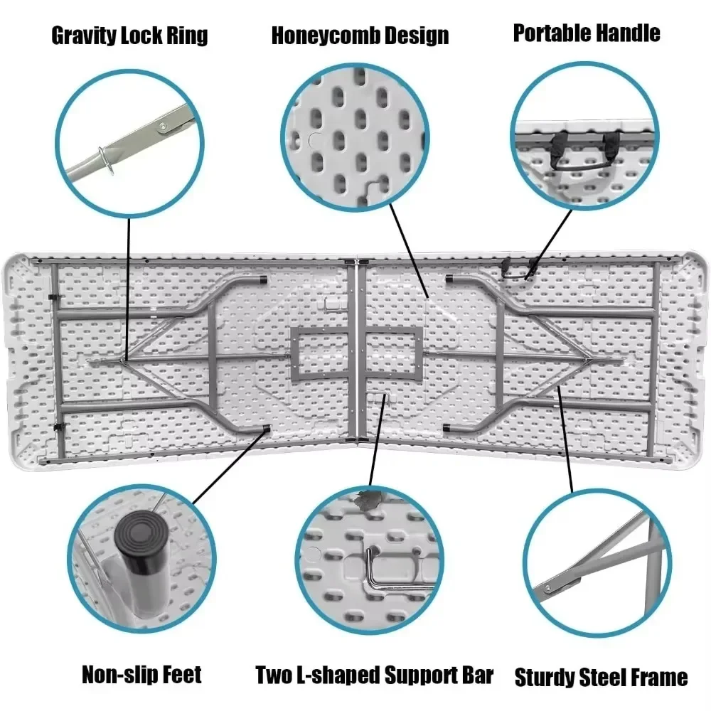 Folding Table Portable Plastic Picnic Table with Handles, Half Heavy Long Large Practical Table for Party, Dining
