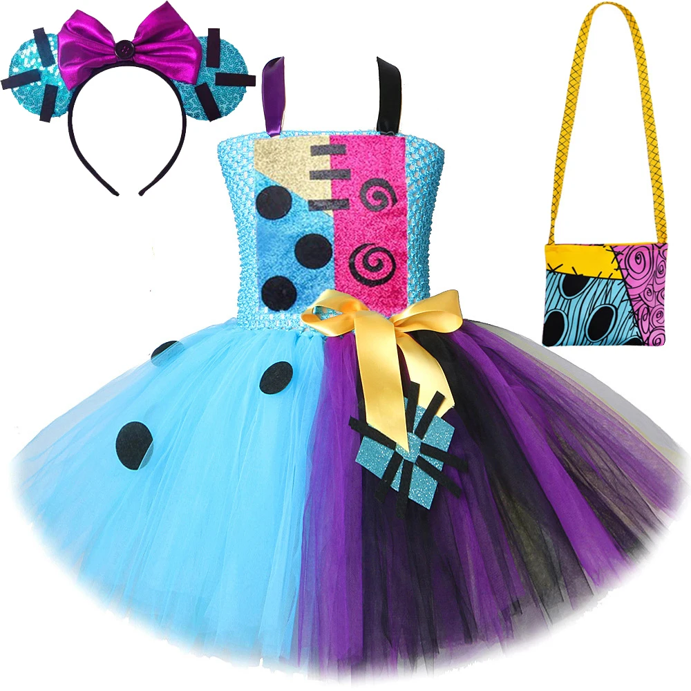 Nightmare Before Christmas Sally Costume for Girls Halloween Scary Tutu Dress for Kids Creepy Carnival Party Outfit with Hairbow