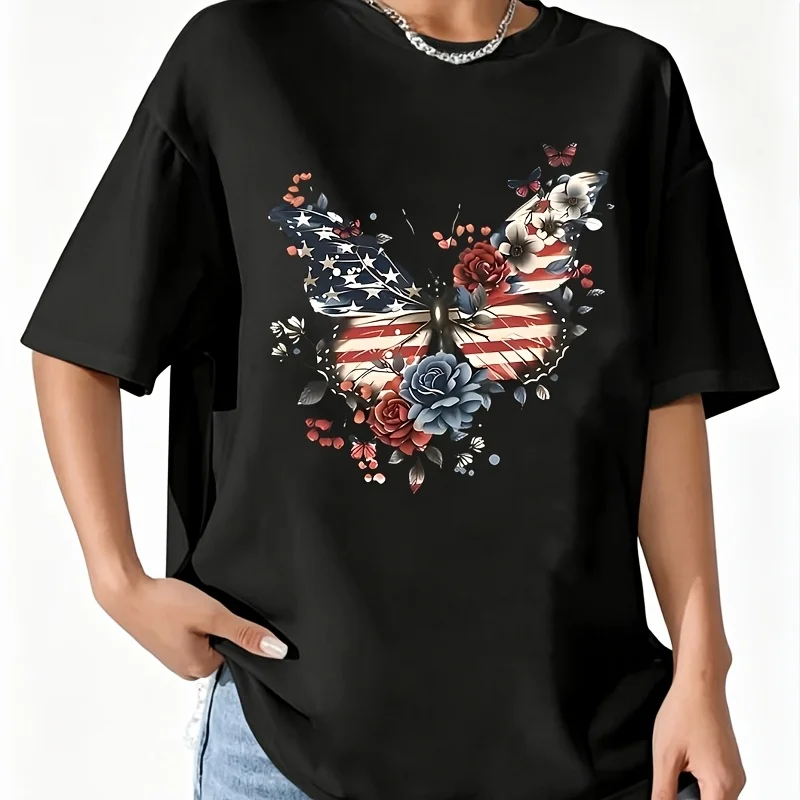 Patriotic Butterfly Art - with American Flag & Floral Design Women's 100% Cotton T-Shirt Short Sleeve Top Casual Round Neck Fun Print Tee S-5Xl