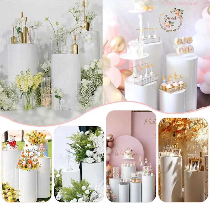 Set 3 Supporti Cilindrici Bianchi Per Feste – Altezze 90, 75, 60 Cm, Pilastri In PVC Per Decorazioni - 6