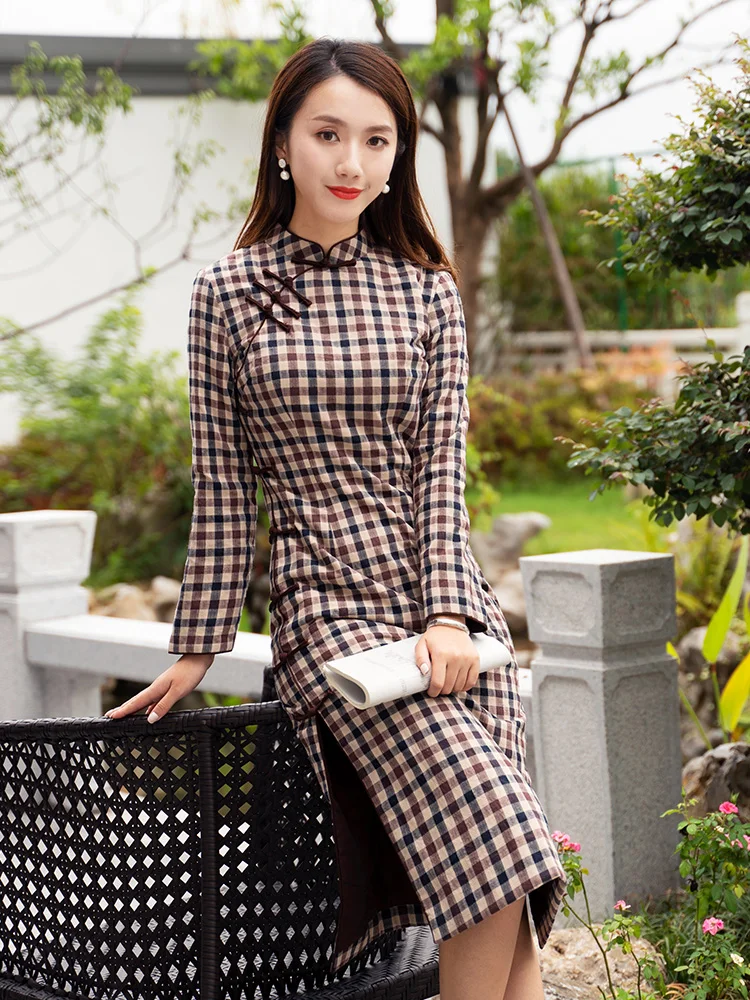 

Jinyaa Improved Plaid Thiened Winter Cotton Linen Skirt High Slit Daily Wear Traditional Chinese Sle Long Dr