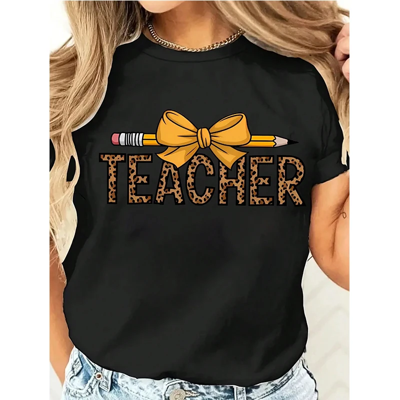 Women's Teacher T-Shirt Teach Pencil Bow Glitter Leopard Checkered Coquette Short Sleeve Black Tops Tee Shirt 90s Y2k Tshirt