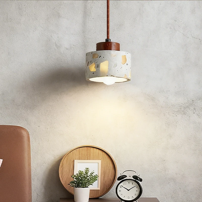 Translucent stone antique small pendant lamp Zen style bedroom bedside table dining room bar counter terrazzo Japanese walnut wo - view 3