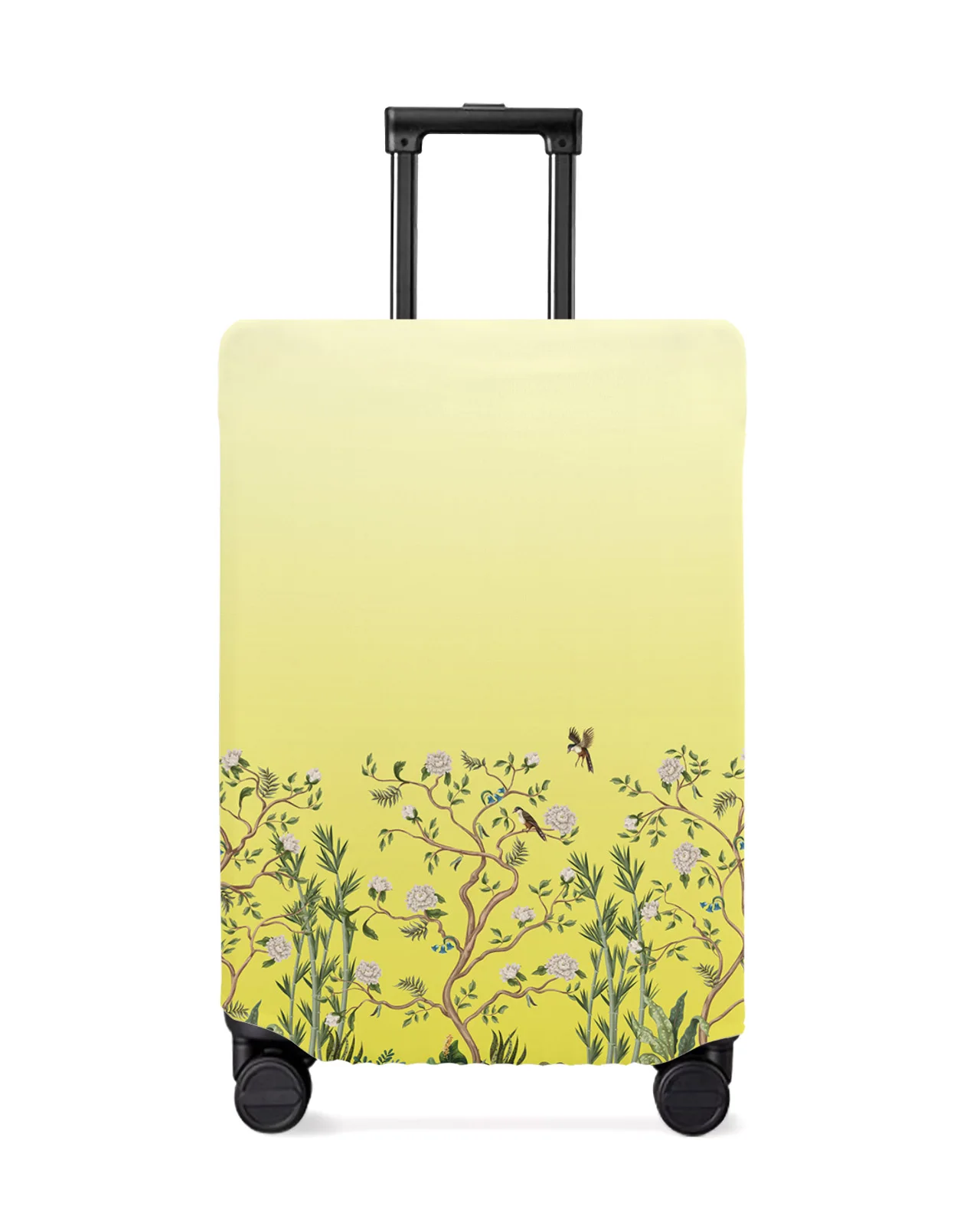 Yellow Gradient Flower Plant Bamboo Bird Luggage Cover Stretch Baggage Protector Dust Cover for 18-32 Inch Travel Suitcase Case