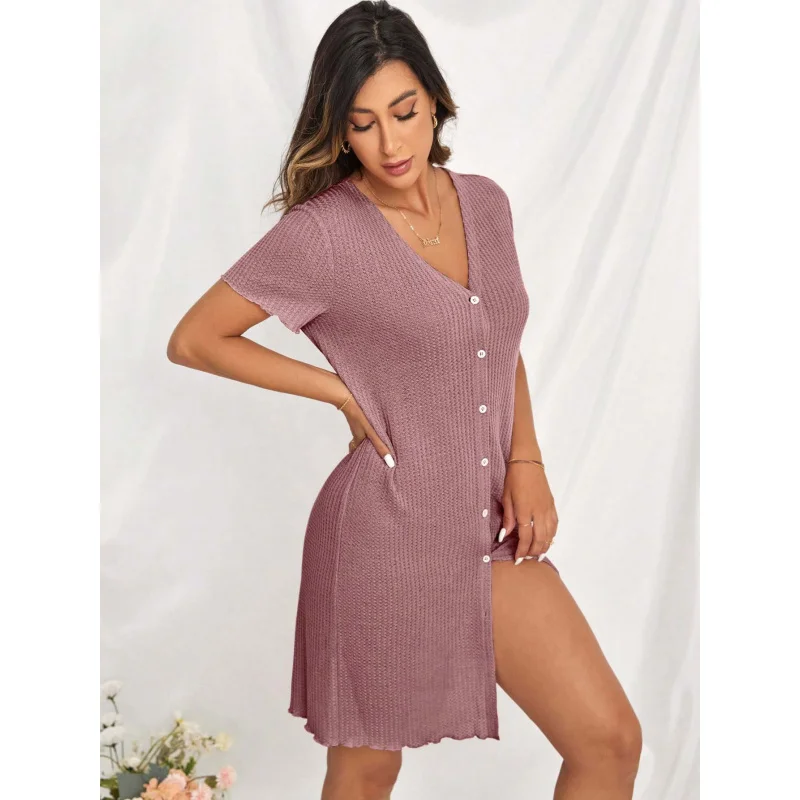 

YQ1-International StationVCollared Short Sleeve Homewear Dress Summer Simple Loose Casual Nightdress for Women