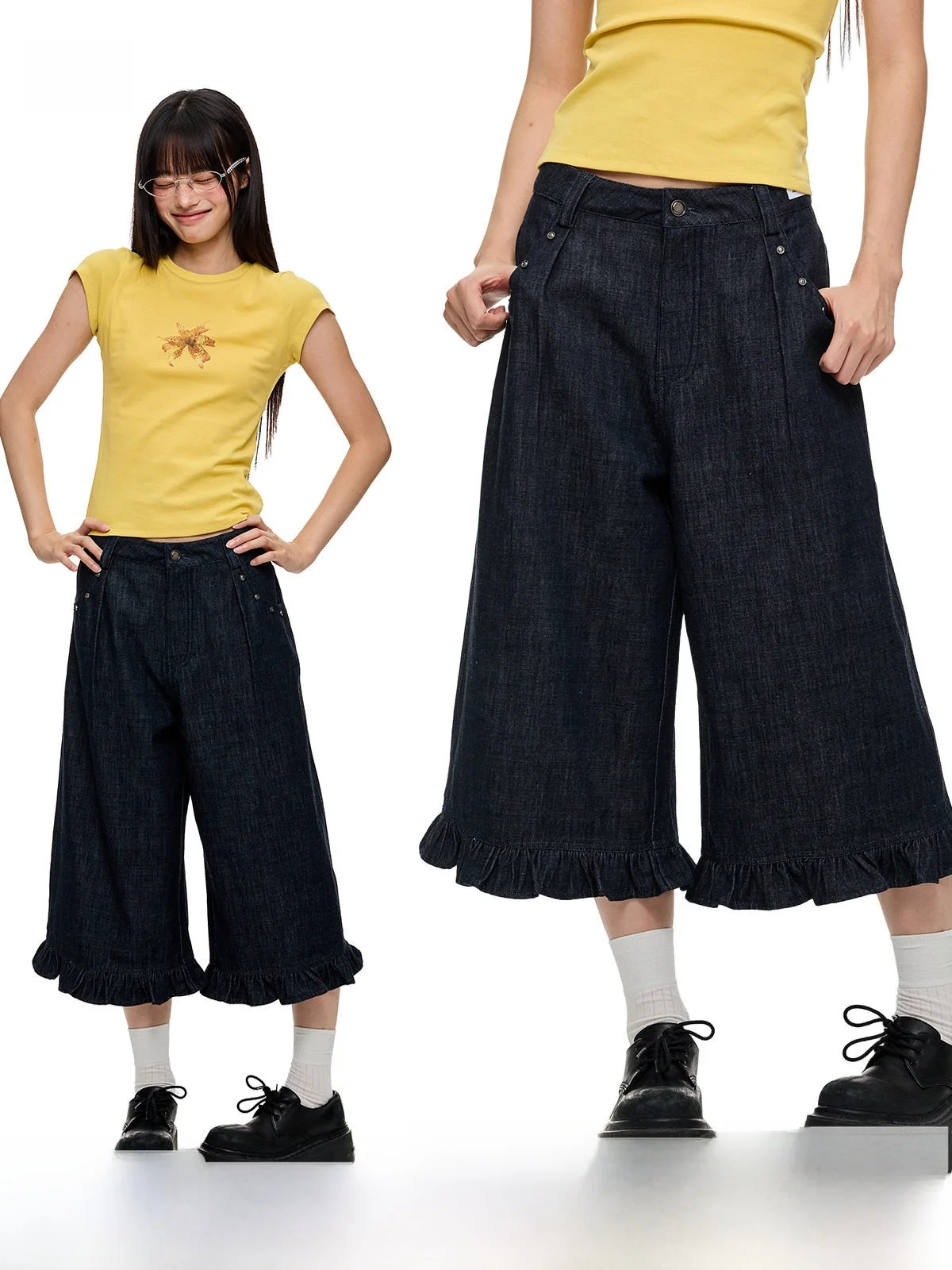 

JIKOO Anne Deep Blue Waed Women's Soft Feel Wide Leg Seven Inch Casual Jeans Cotton l Waist Straight Tube Pants