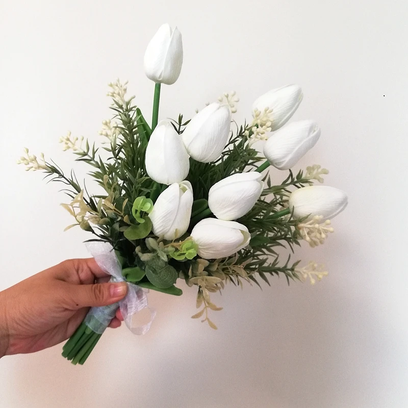 Ramo de tulipán blanco con hojas para dama de honor, ramo pequeño de boda para novia, 109, novedad