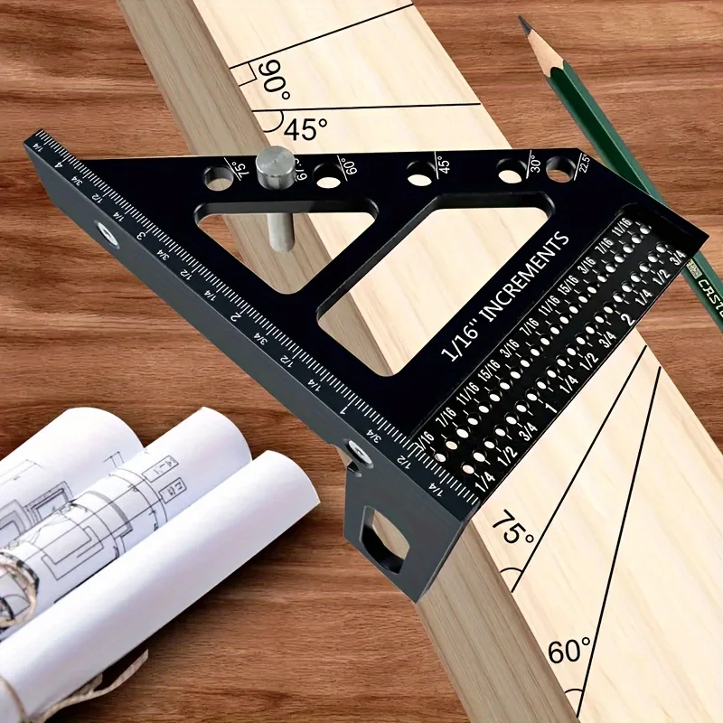 

High-Precision Aluminum Miter Triangle Ruler 3D Multi-Angle Woodworking Square With Enhanced Hole Scriber Woodworking Scribing