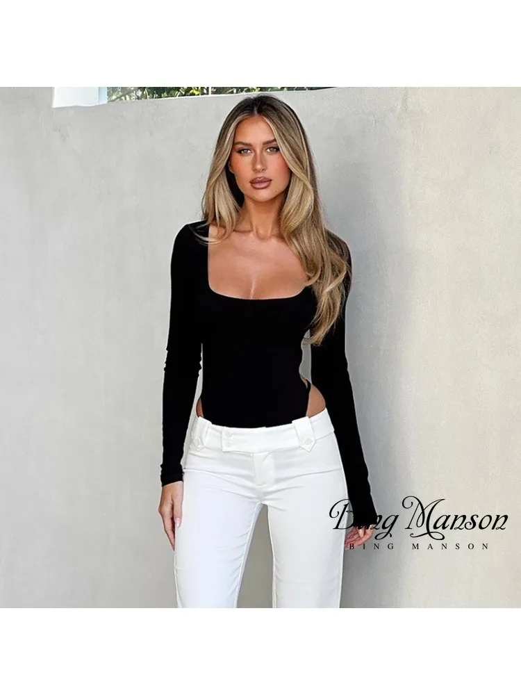 

Women's Autumn Fashion New Sexy U-neck Hollow Out Commuter Style Slim Fit Street Long Sleeve Underlay Backless Women's Bodysuit