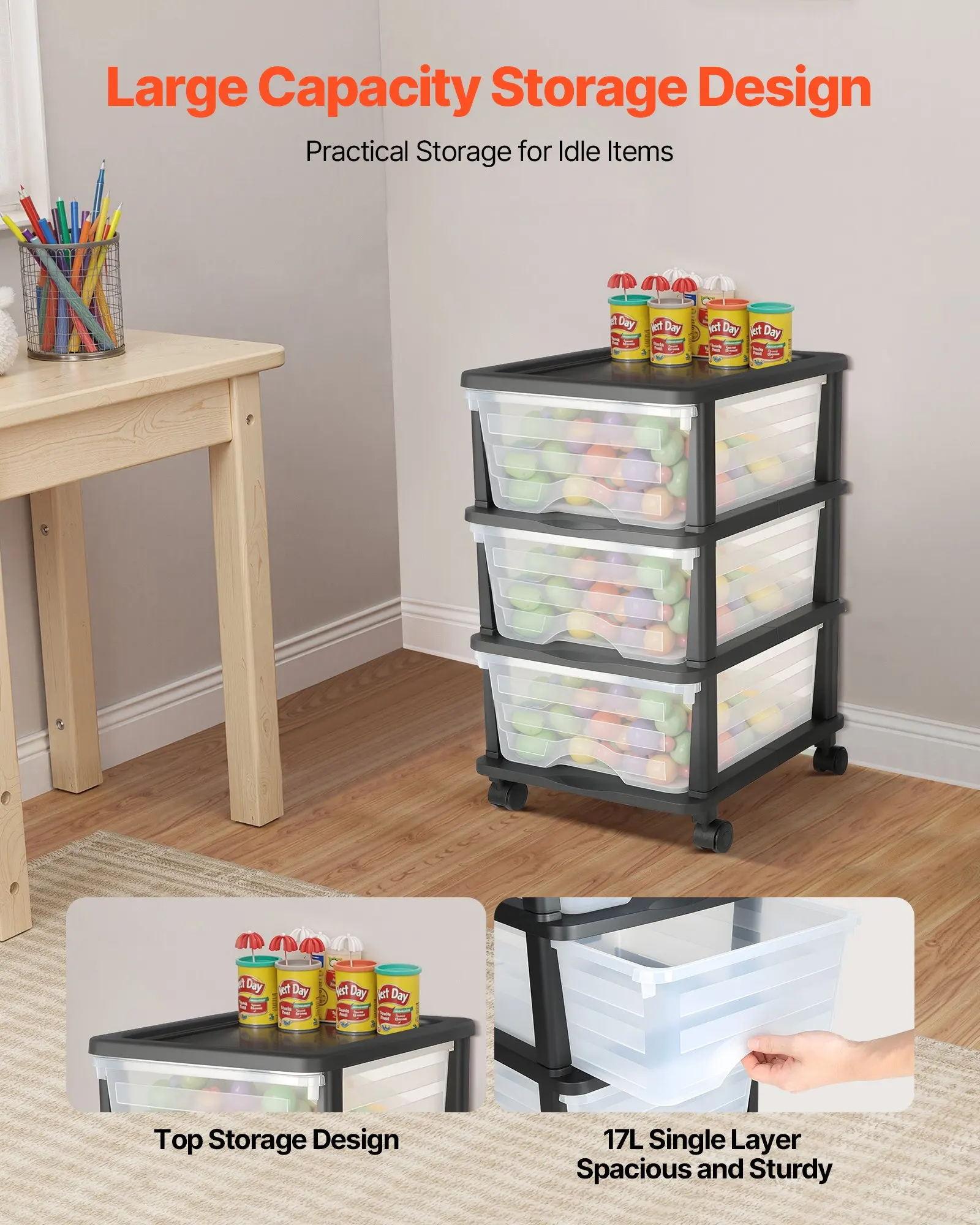 Chariot de rangement à 3 tiroirs avec roulettes, capacité de 17 L par tiroir, chariot organisateur transparent avec roulettes pour fournitures de bureau, salle d'artisanat, salle de classe, atelier, garage – Armoire utilitaire mobile peu encombrante