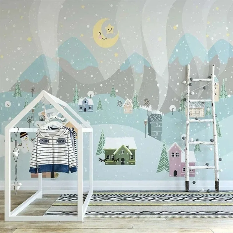 Nordic Style Hand-Painted Cartoon Wallpaper Valley House Scene Wall Mural for Kids Room Nursery Bedroom Playroom Wall Decor