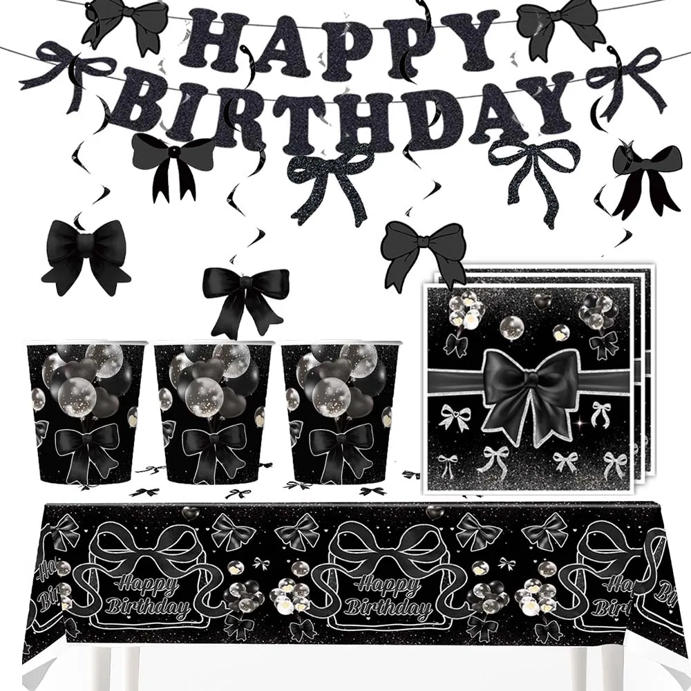 Black Bow Birthday Party Tableware Bow Disposable Party Plates Napkin Hanging Swirls Banner Black Bow Birthday Decorations Girl