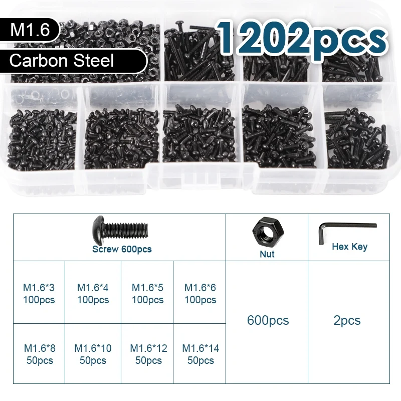 M1.6 M2 M2.5 M3 M4 M5 M6 M8 Innensechskant-Halbrundkopfschrauben, Muttern und Unterlegscheiben Set, Schwarz, Güteklasse 12.9, Inbus-Rundkopfschrauben und Muttern Kit