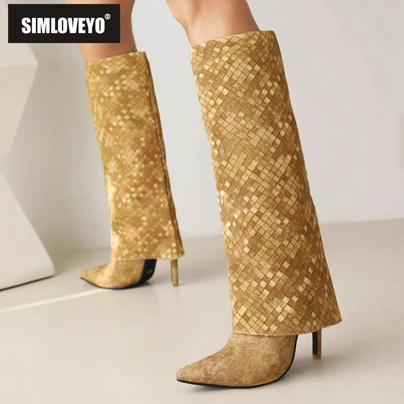 

SIMLOVEYO Fashion Women Knee High Boots Pointed Toe Stiletto Slip On Plaid Fabric Sexy Dating Female Booties Plus Size 45 46 47