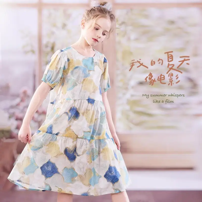 Duomeiwu Girls' Dress Summer Middle and Big Children Girls' Oil Painting Skirt Children's Clothing Children's Princess Dress Chi