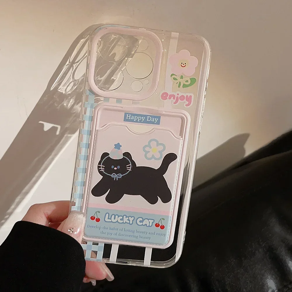 Cherry Party Black Cat Photo card holder Clear Phone Case For iPhone 16 15 14 13 12 11 Pro Max Xr 16Plus Case Cute Cartoon Cover image 3
