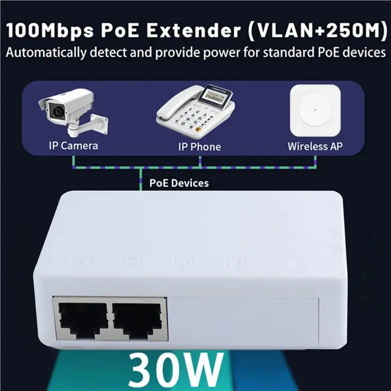 신제품--10X 2포트 PoE 익스텐더 10/100Mbps 1대2 PoE 리피터 12V 1A 250M 거리 표준 PoE 스위치/IP 카메라용 전원 공급