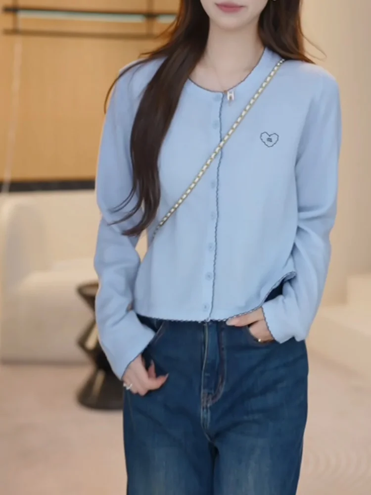 

Корейский вязаный кардиган с круглым вырезом, синий, осенняя новинка, большие размеры, антивозрастной эффект, модный топ для женщин