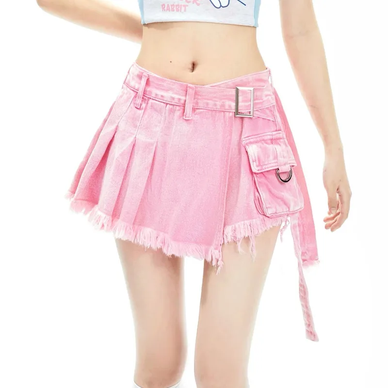 

Irregular Pink Denim Skirt Hot Girl Style High Waist Slimming False Two Piece A Line shorts Women Summer Burr Design Short Skirt