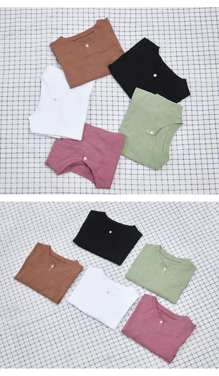2026 Langarm Frühling Damen Slub-Baumwoll-T-Shirts mit Knöpfen, grüner V-Ausschnitt, einfarbiges T-Shirt, kaffeefarben, koreanische weiche, lockere Oberteile – Detail 26