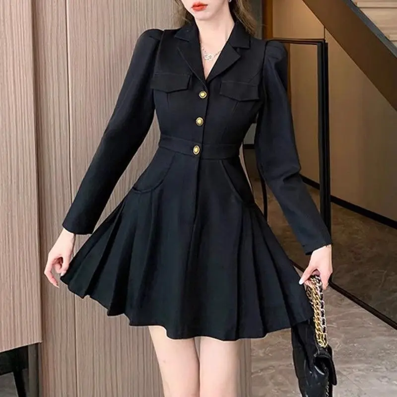 Lnsozkdg Black Long Sleeve Pleated Short Dresses Women Elegant Office Lady Dress 2024 Spring Autumn Korean Vintage Party Dress