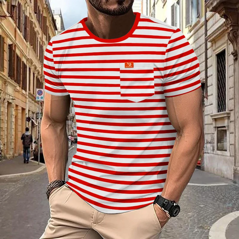 2024 Hot Sale Summer New Men\'s Fashion Casual Striped Short Sleeve Top Men\'s Crew Neck T-Shirt