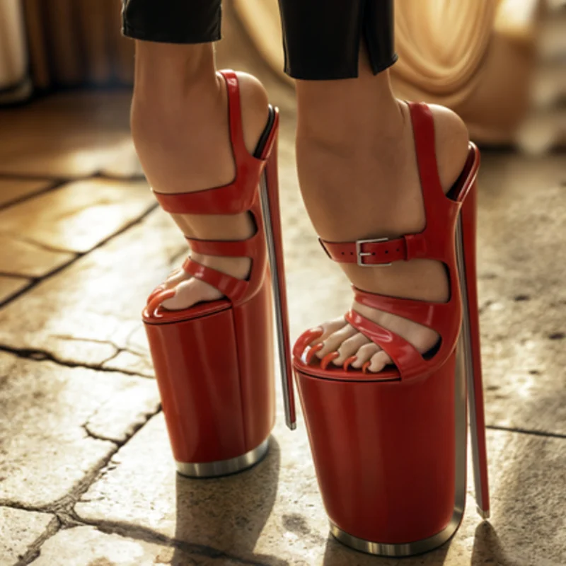

Red Hollow Buckle Platform Sandals Thin High Heel Peep Toe Fashion Sexy Cool 2025 Summer Big Size Woman Shoes Zapatillas Mujer