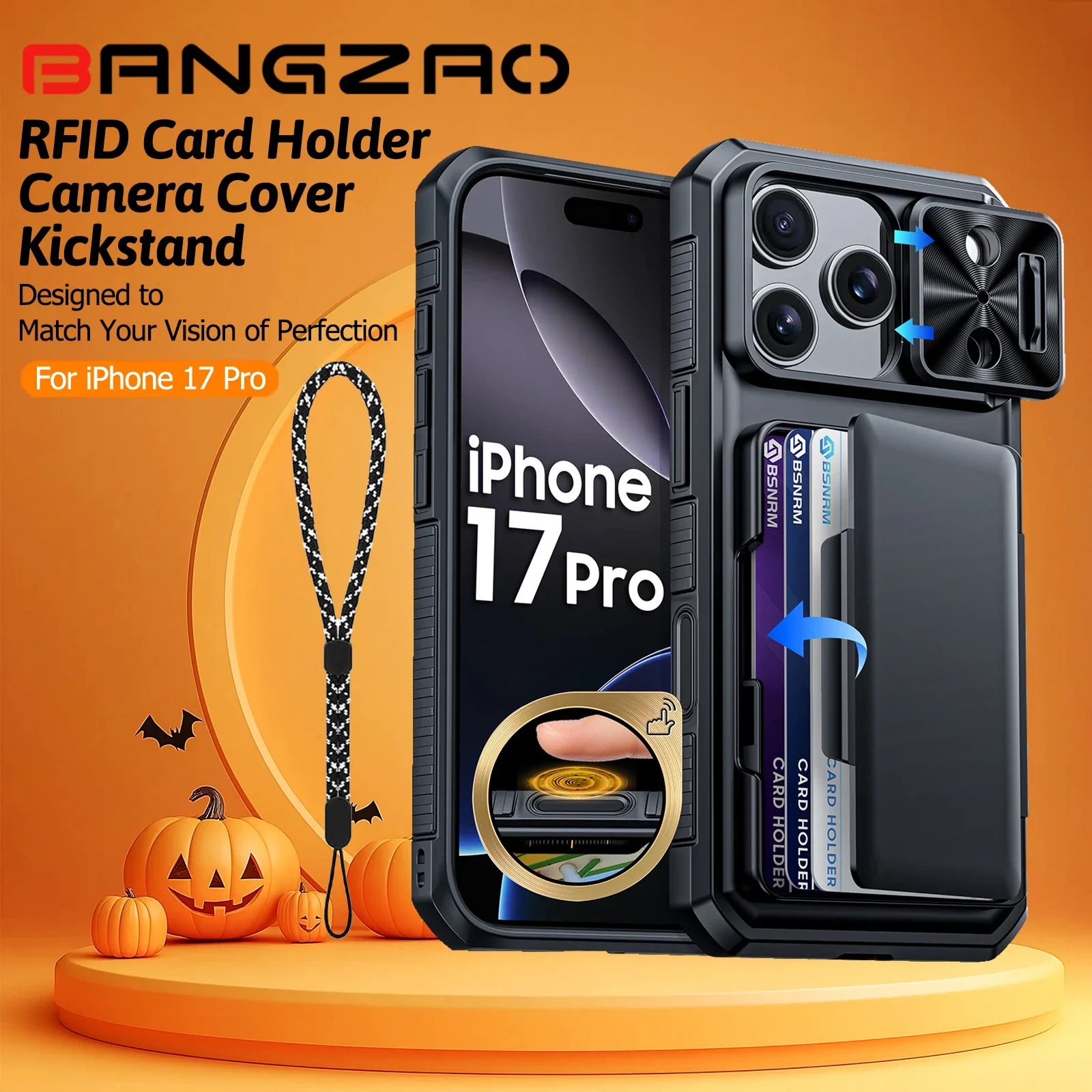 

Halloween Gifts With Card Holder Sliding Camera Cover And Stand For iPhone 17 Pro Case,Anti-Fall PC+TPU Wallet Case-Black