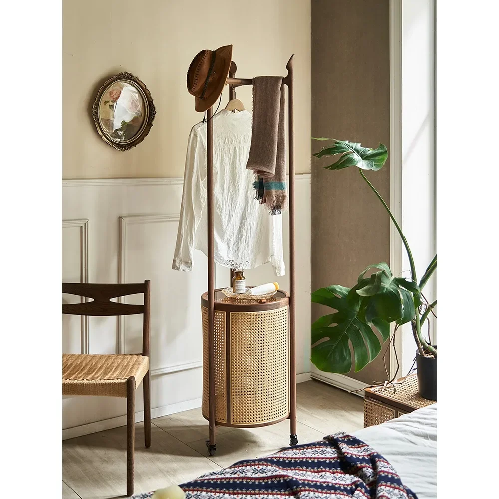 Vintage coat hanger movable floor storage rack ash wood home bedroom dirty clothes basket standing rattan coat rack