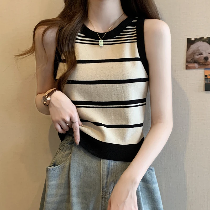 Striped Knitted Vest for Women Sleeveless Crop Tank Cami Camisole Spring Summer 2026 Teen-girl Y2K Casual Outfit