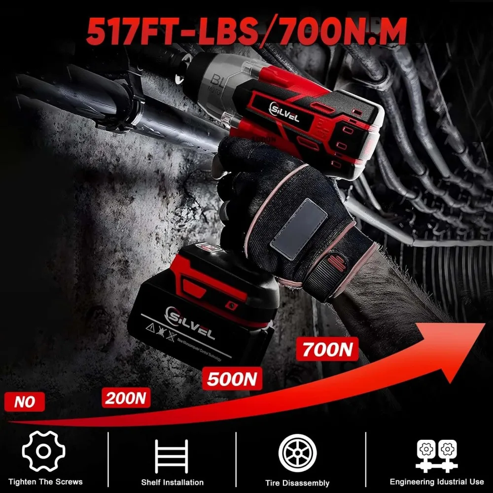 مفتاح ربط لاسلكي 1/2 بوصة، عزم دوران 700 نيوتن متر، محرك بدون فرشاة 21 فولت مع بطارية ومآخذ لإصلاح السيارات #3