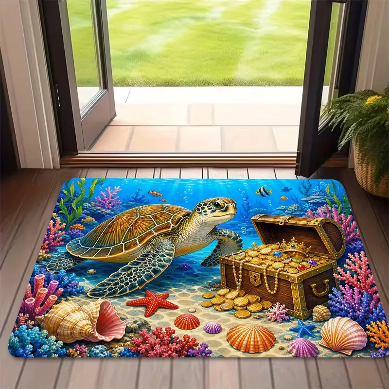 Sea Turtle Treasure Chest Ocean Printed Doormat Colorful Coral Seashell Marine‑Life Landscape Decorative Entrance Floor Rug Mat