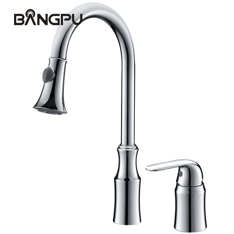 

Double Hole Pull Down Sink Faucet Modern 2 Modes Kitchen Sink Faucet Deck Mount Single Handle Cold and Hot Mixer Tap Chrome