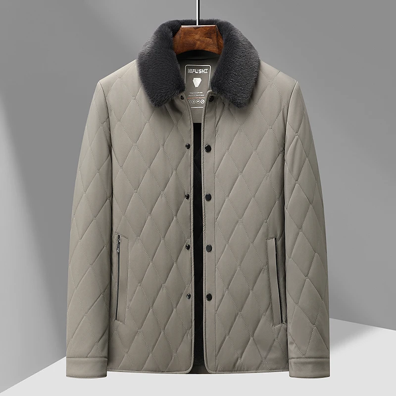 

Men's Diamond Quilting Jacket Winter Autumn Warm Lightweight Padded Coats Detachable Fur Collar Essential Outerwear Black Khaki