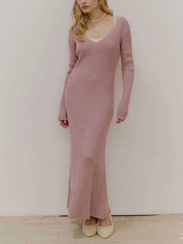 

Luxury Designer Long Sleeved Maxi Dress for Women Autumn Winter Robe V-neck Slim Fit Hip Hugging Knitted Long Dress Sexy Vestido