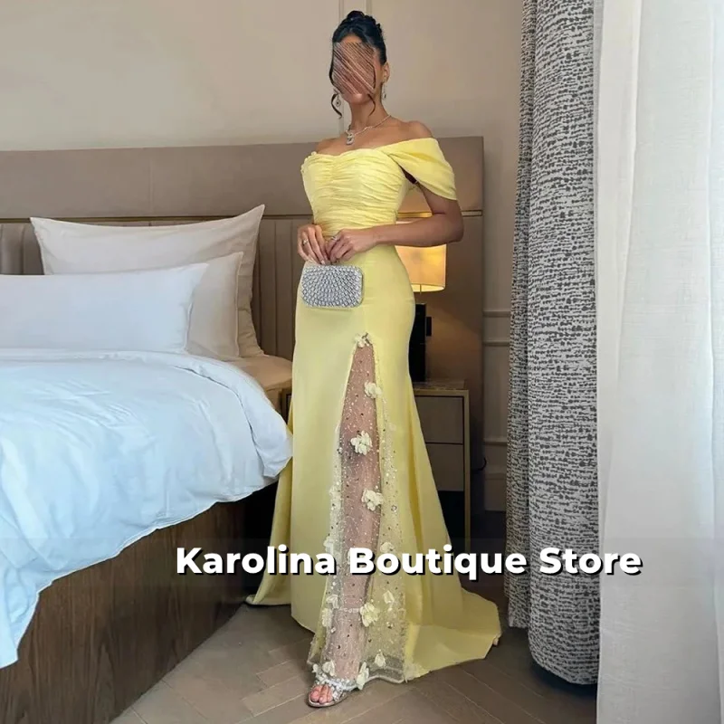 فستان سهرة عربي سعودي أصفر حورية البحر مخصص قبالة الكتف الديكور الزهور مطوي سويب تراين ثوب حفلة امرأة عربية