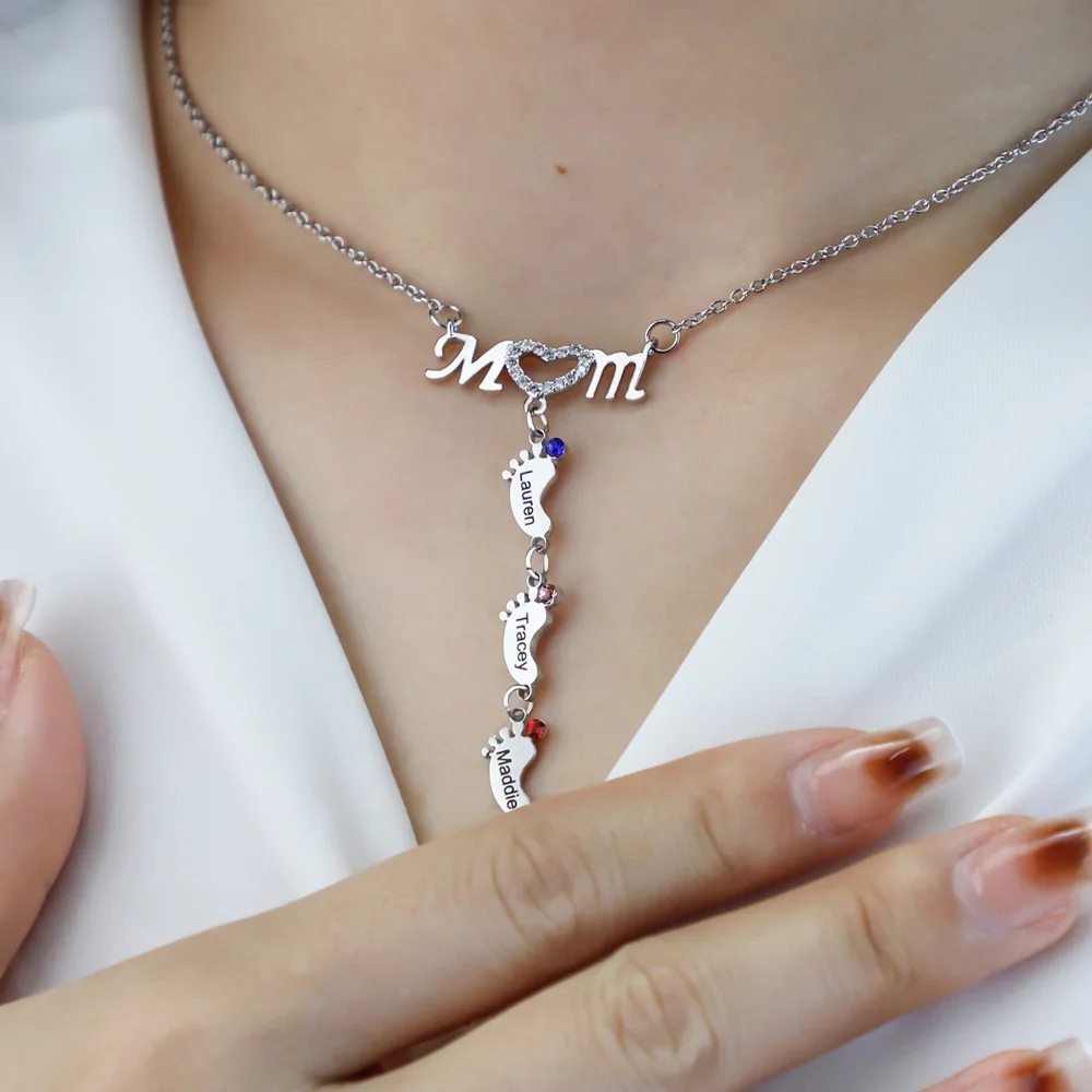 

Personalized Custmized Names Mom Necklace Baby Feet Pendant Necklace Stainless Steel Necklace Jewelry Gift Mothers Day Gift