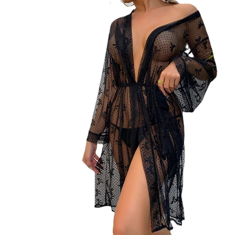 Sexy Women Night Dress Bow Print Mesh Sleepwear Gowns For Girlfriend Long Sleeve Cardigan Bathrobe Black Transparent Shower Robe