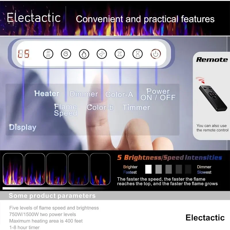 Recesso e parede montada lareira elétrica, aquecedor com temporizador, controle remoto, ajustável cor chama