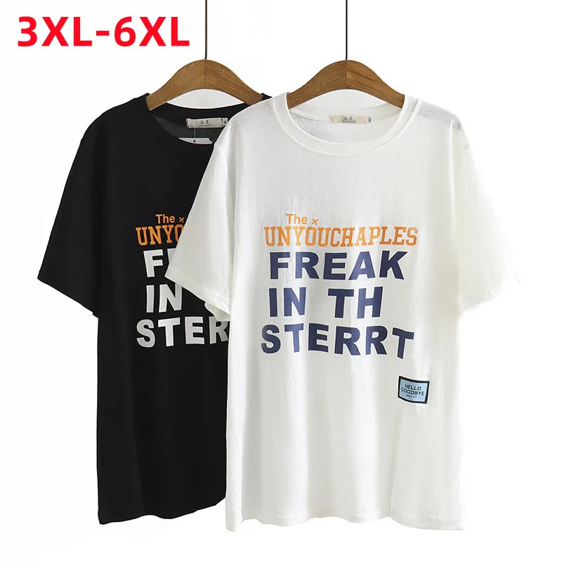 New 2022 Summer Plus Size Tops For Women Large Size Short Sleeve Loose Black White Fork Print Cotton T-Shirt 3XL 4XL 5XL 6XL