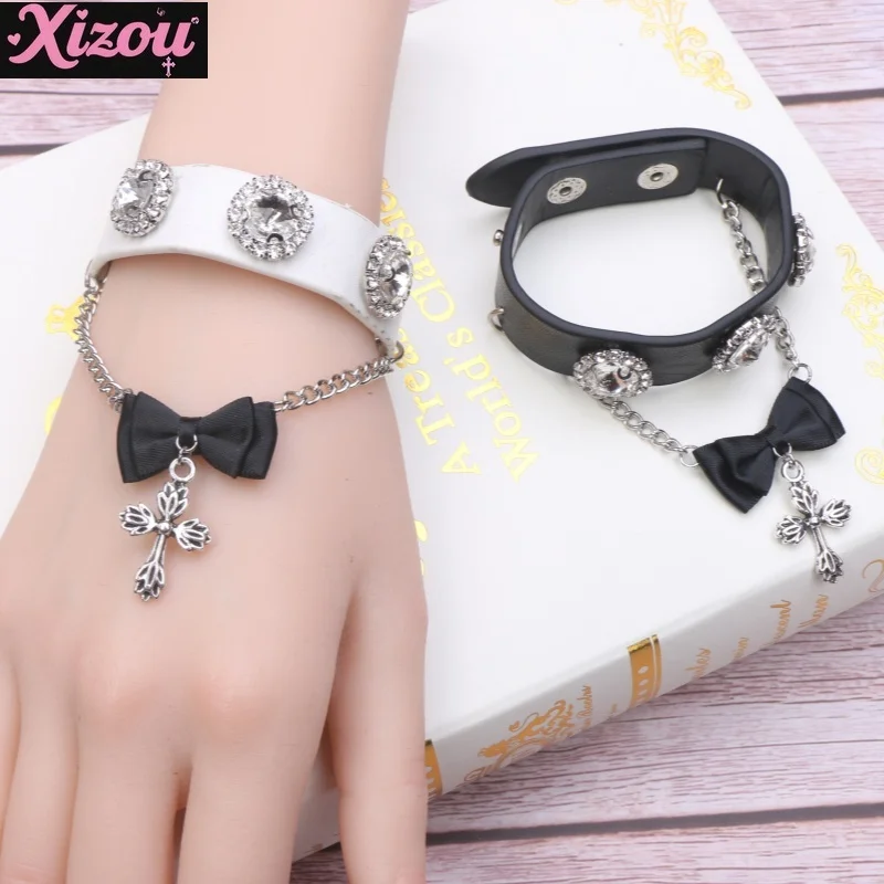 Japanese mass-produced sweet and cool rhinestone love bow pendant cross chain pu bracelet bracelet women's lolita jewelry