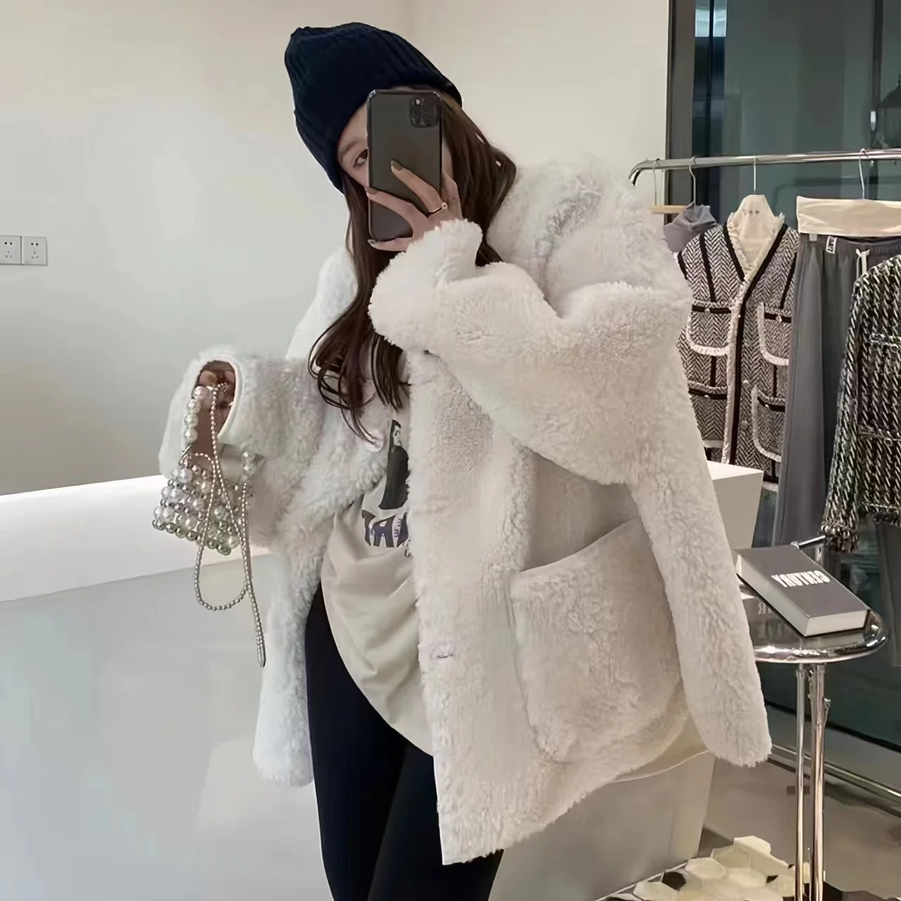 Faux Lamb Fur Coat for Women, Korean Jacket,Single Breasted, O-Neck, Quilted Thick Furry, Loose, Autumn and Winter, 2023