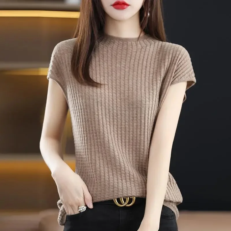 Summer Women's Sweater Short Sleeve Pullover Korean Knitted O-neck Jumper Bottoming Shirt Soft Knitwear Sweaters Tops