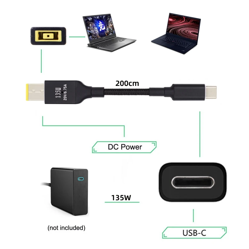 Cable de carga tipo C para ordenador portátil, USB-C de 2,0 m/6,5 pies, 135W a CC, rectangular, 11,0x4,5mm, PD, para Thinkpad X1 Legion Y7000P, DC20V 6.25A