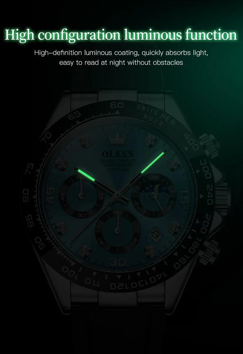 OLEVS 2875 Original Luxus Marke Quarzuhr für Männer Silikon Armband Chronograph Auto Datum Wasserdicht Mond Phase Mann Sport Uhr – Detail 9