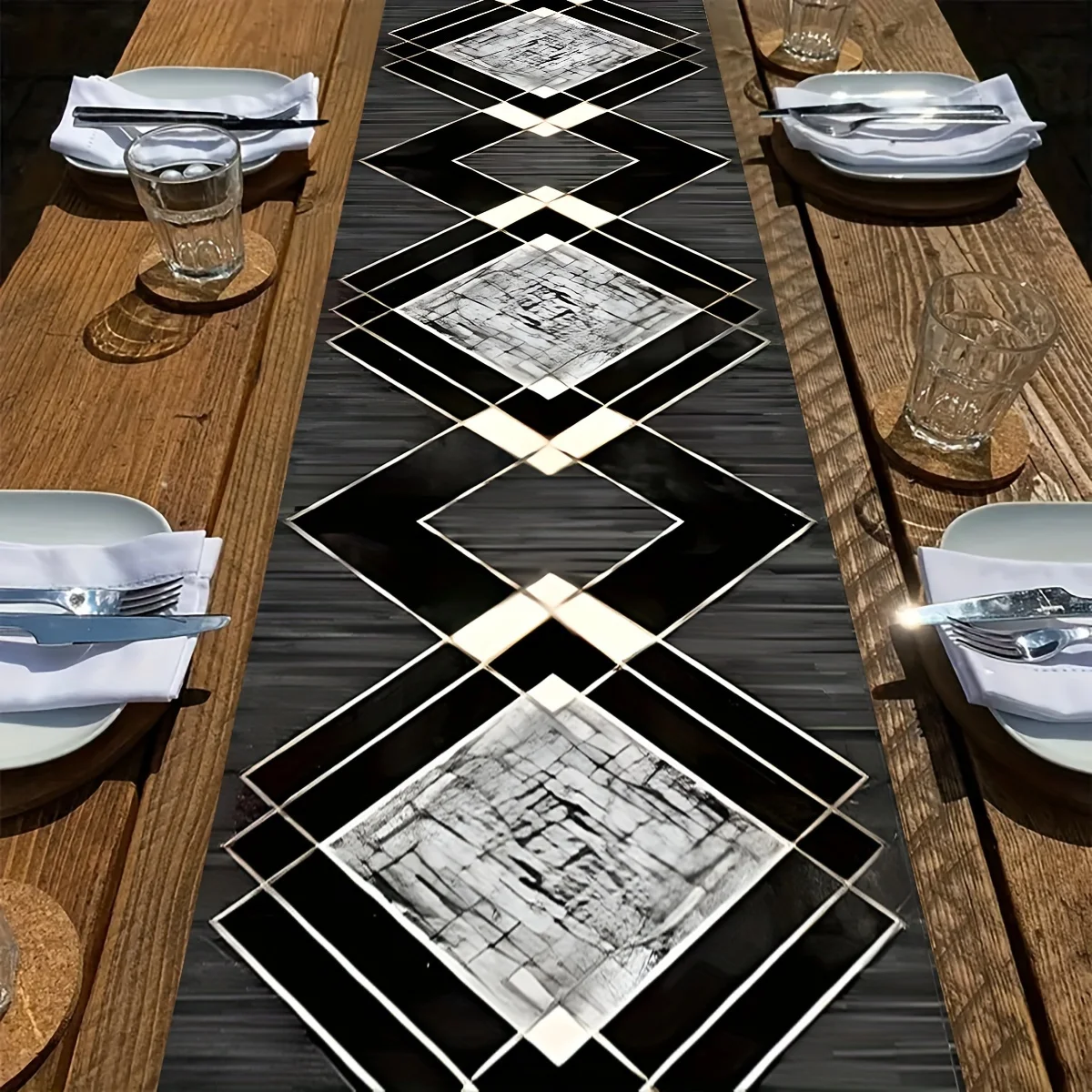 1 Piece of Black and White Geometric Theme Table Runner, Diamond Pattern, Suitable for Industrial Style Parties, Modern Art Exhibitions, and Black and White Themed Gatherings