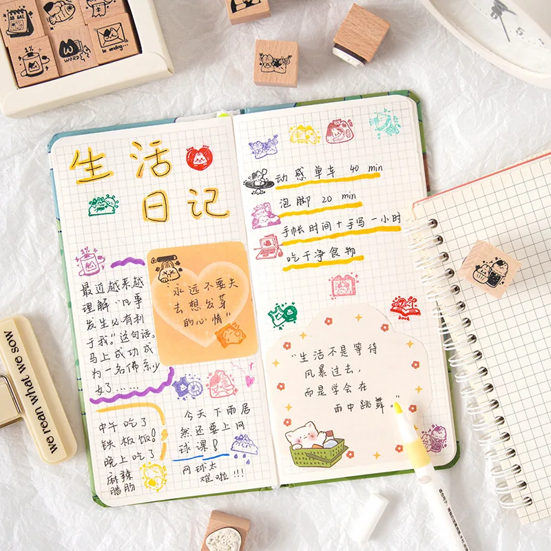 9 قطعة سلسلة تسجيل الوقت الحيوان القط اليومية ختم خشبي اليدوية DIY بها بنفسك ألبوم الإبداعية المشهد المحاسبة الختم