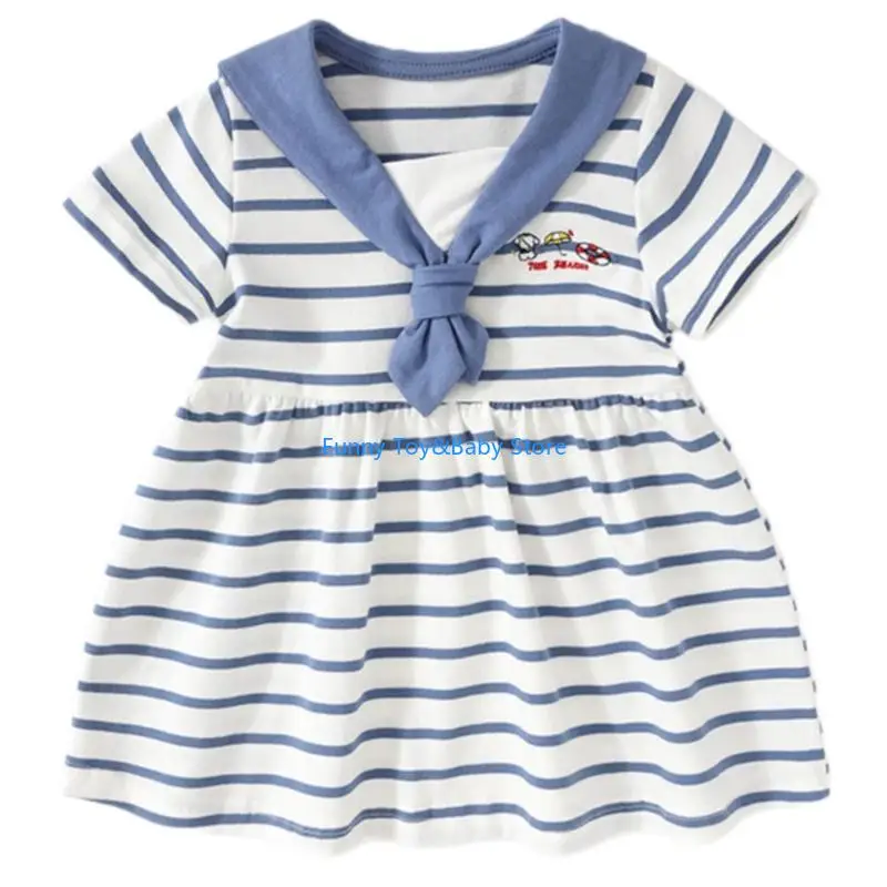 

Classical Sailor Collar Striped Short Sleeve Dress For Girls Breathable Cotton Playwear Easy Pullover Design For 1-6Y C90B