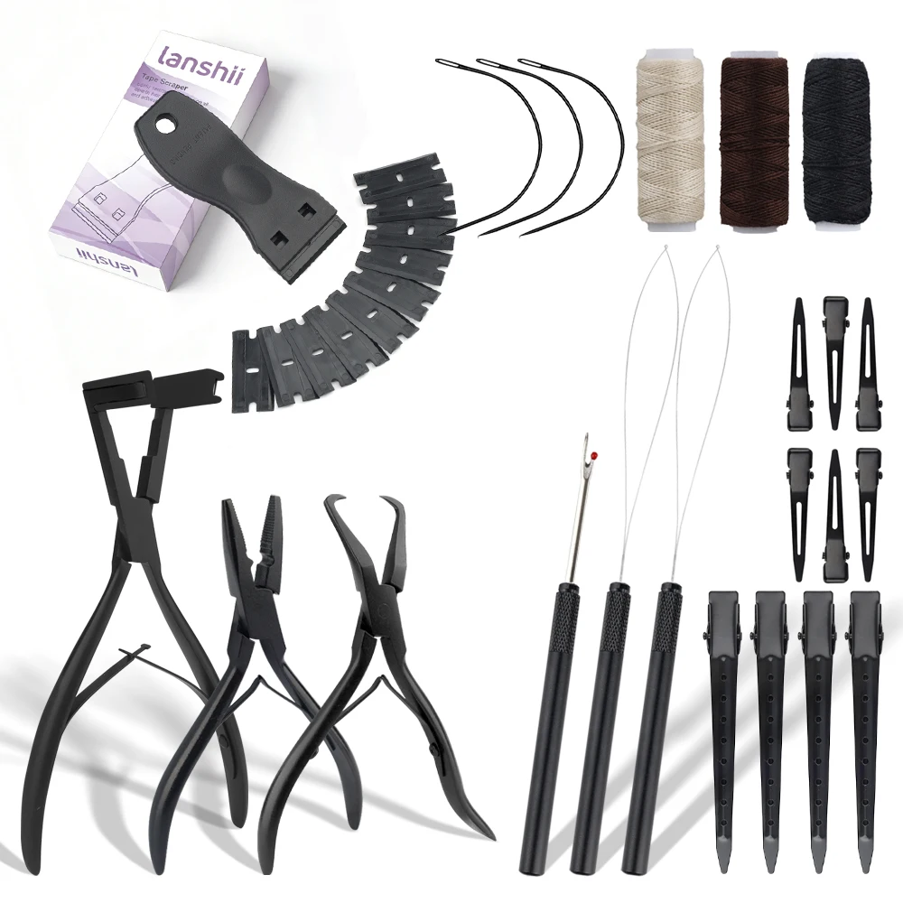 

Набор инструментов Lanshii Pro для наращивания волос – для ленточного, трессового и I-Tip наращивания, с плоскогубцами, аппликаторами для бусин, крючковыми иглами и нитью