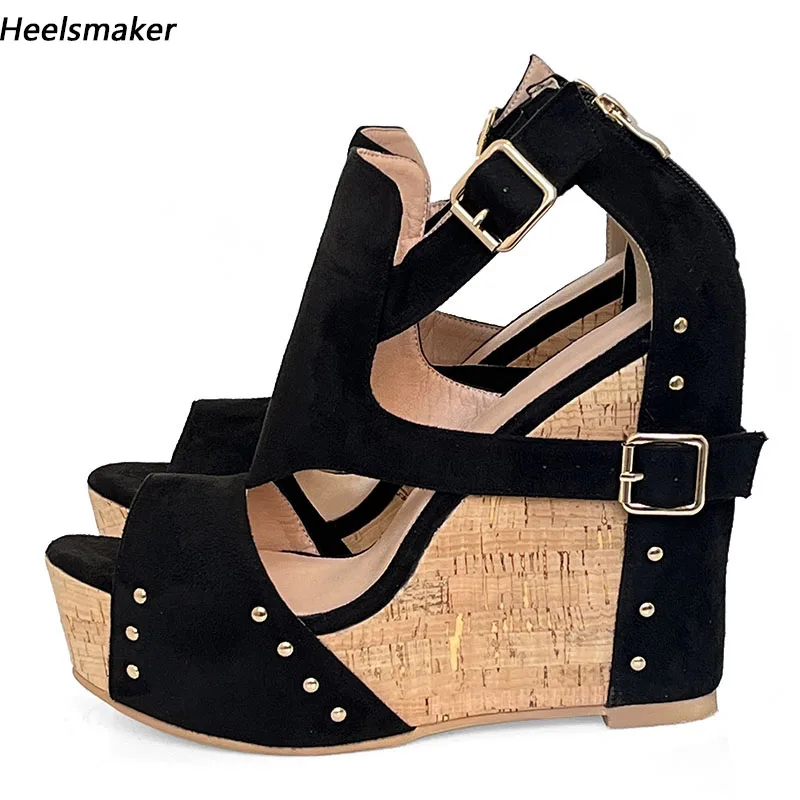

Sukeia Handmade Women Platform Sandals Faux Suede Sexy Studs Wedges Heels Round Toe Elegant Black Cosplay Shoes US Size 5-20
